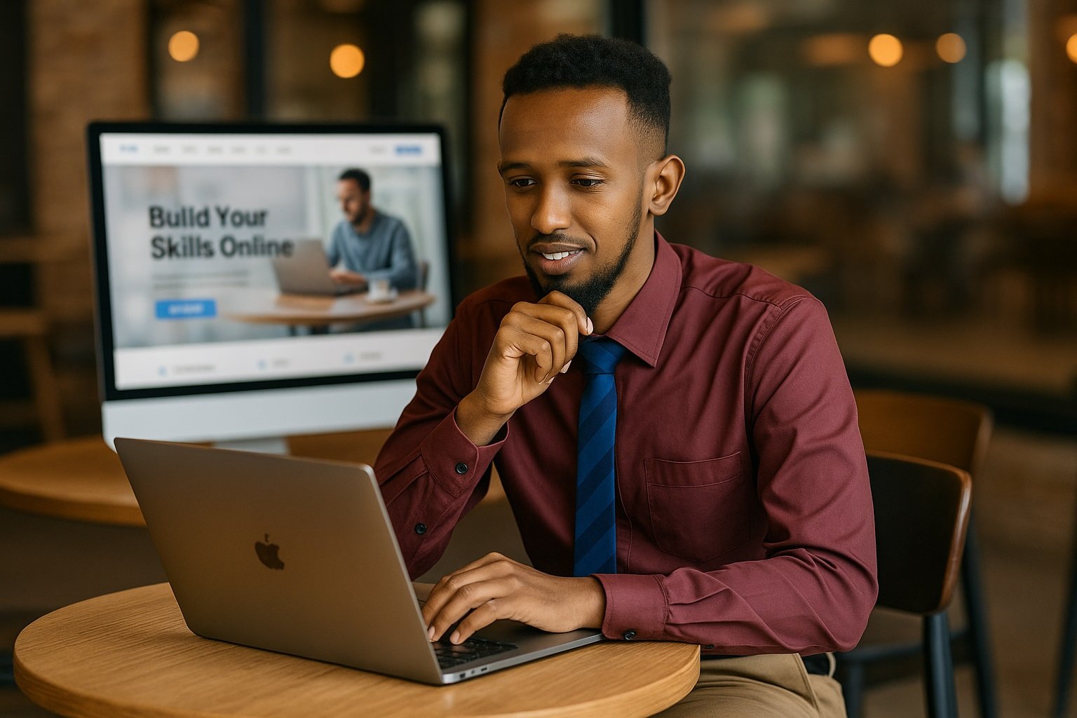 Somali entrepreneur building website at coffee shop