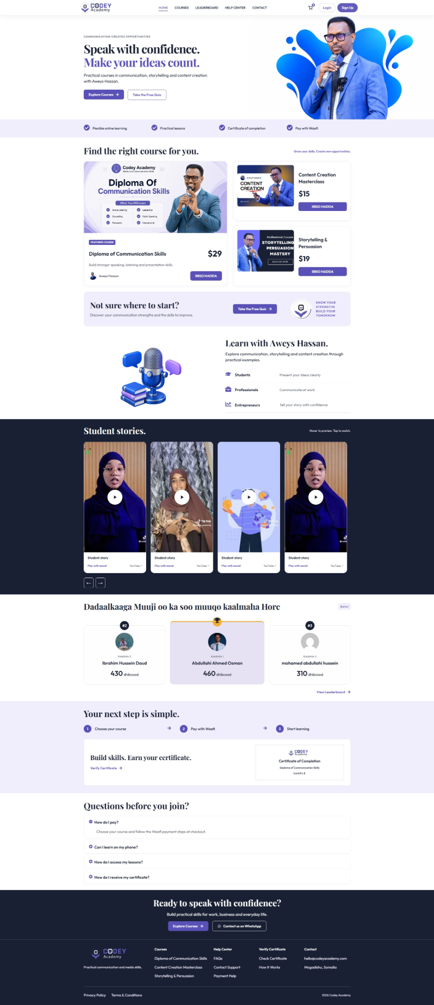Codey Academy website portfolio screenshot, designed by Cabdisamad Ibrahim