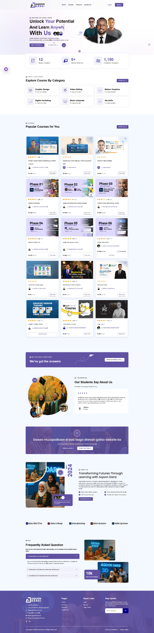 Aqoon Darsi website portfolio screenshot, designed by Cabdisamad Ibrahim