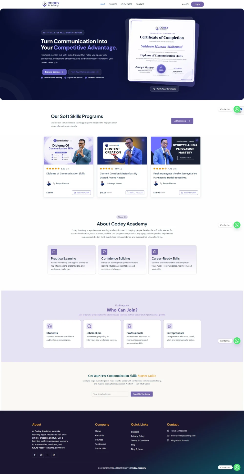 Codey Academy full website designed by Cabdisamad Ibrahim