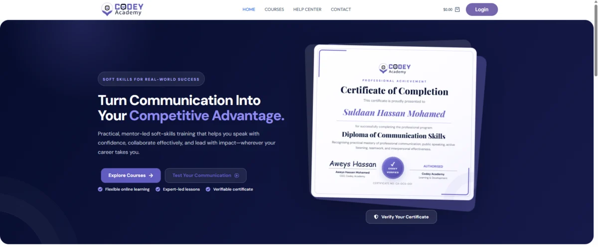Codey Academy website designed by Cabdisamad Ibrahim