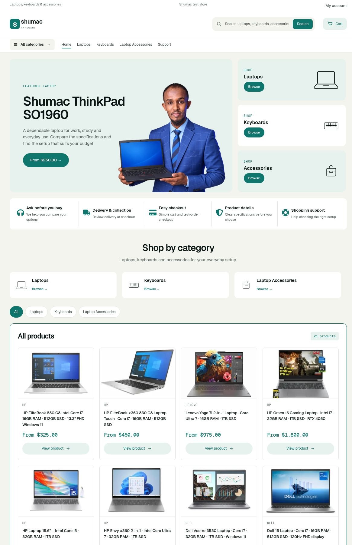 Shumac Hardware Store demo, showing Cabdisamad holding a laptop, shopping categories and product cards